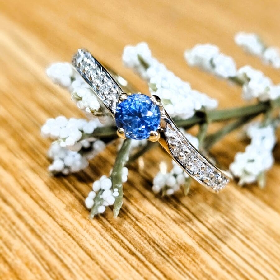 12200002 9ct Yellow and White Gold Sapphire and Diamond Solitaire Ring.