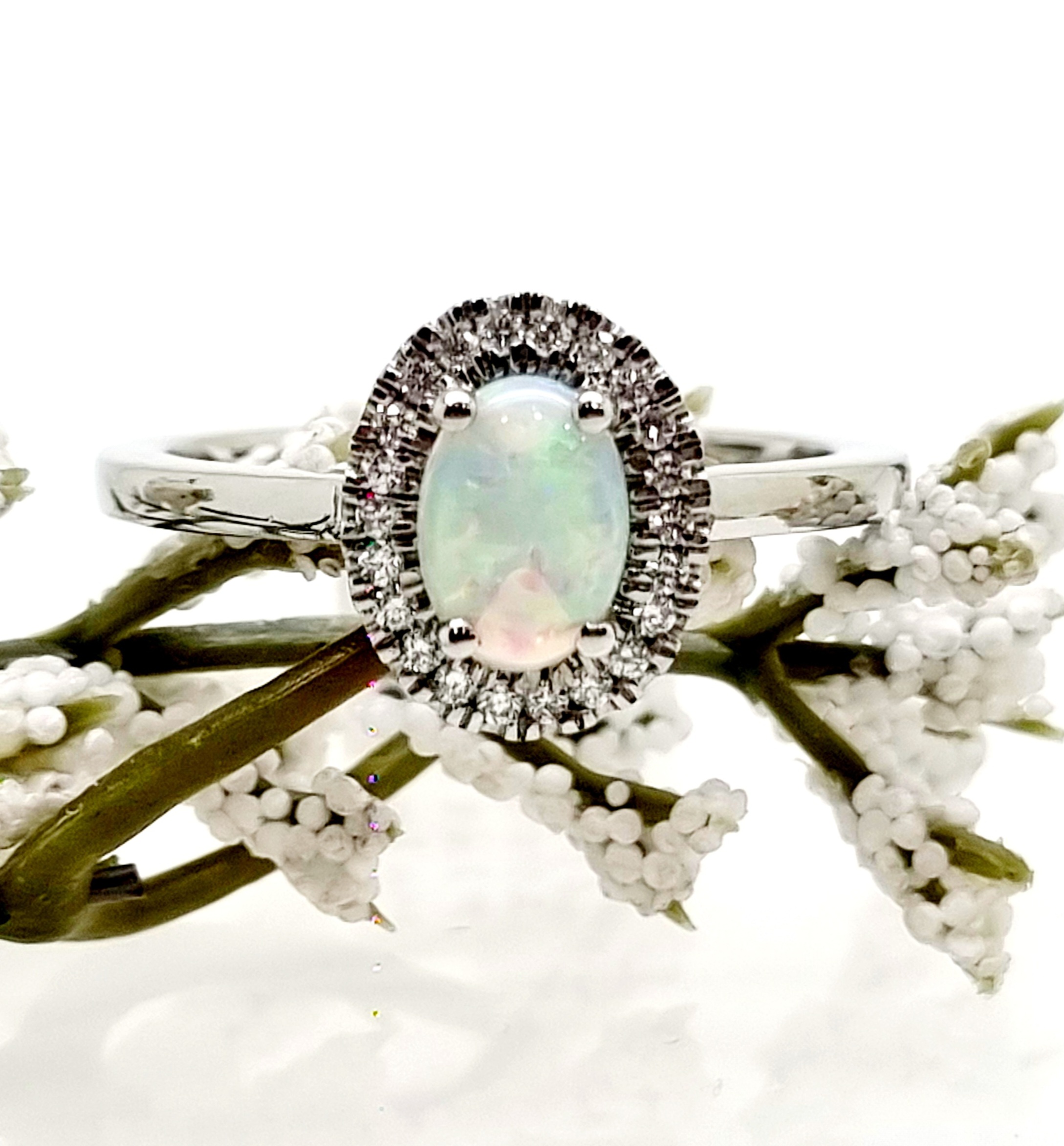 15600043 Platinum Opal and Diamond Cluster Ring