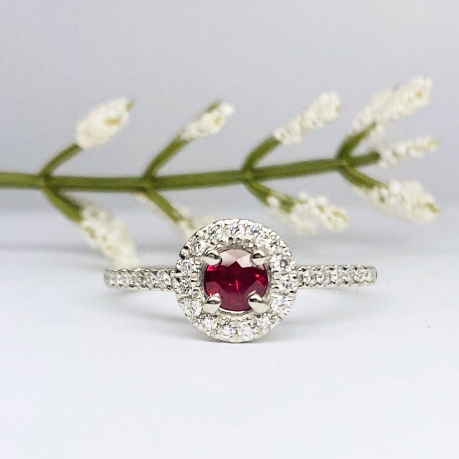 15600049 Platinum Ruby And Diamond Halo Cluster Ring Diamond Shoulders