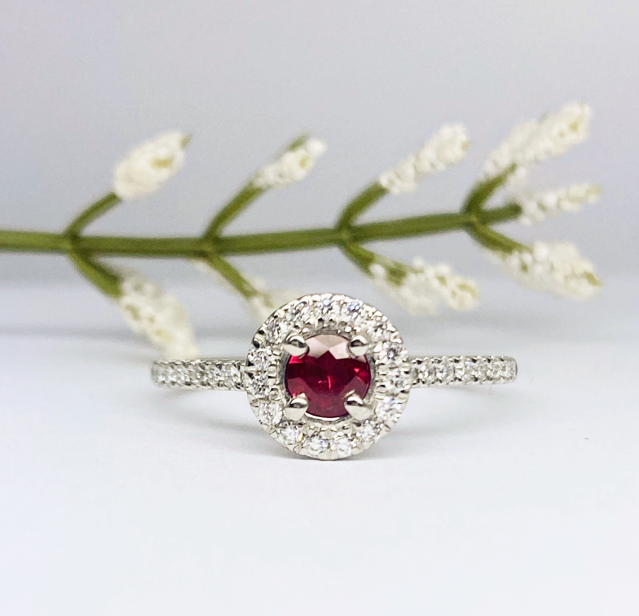 15600049 Platinum Ruby And Diamond Halo Cluster Ring Diamond Shoulders