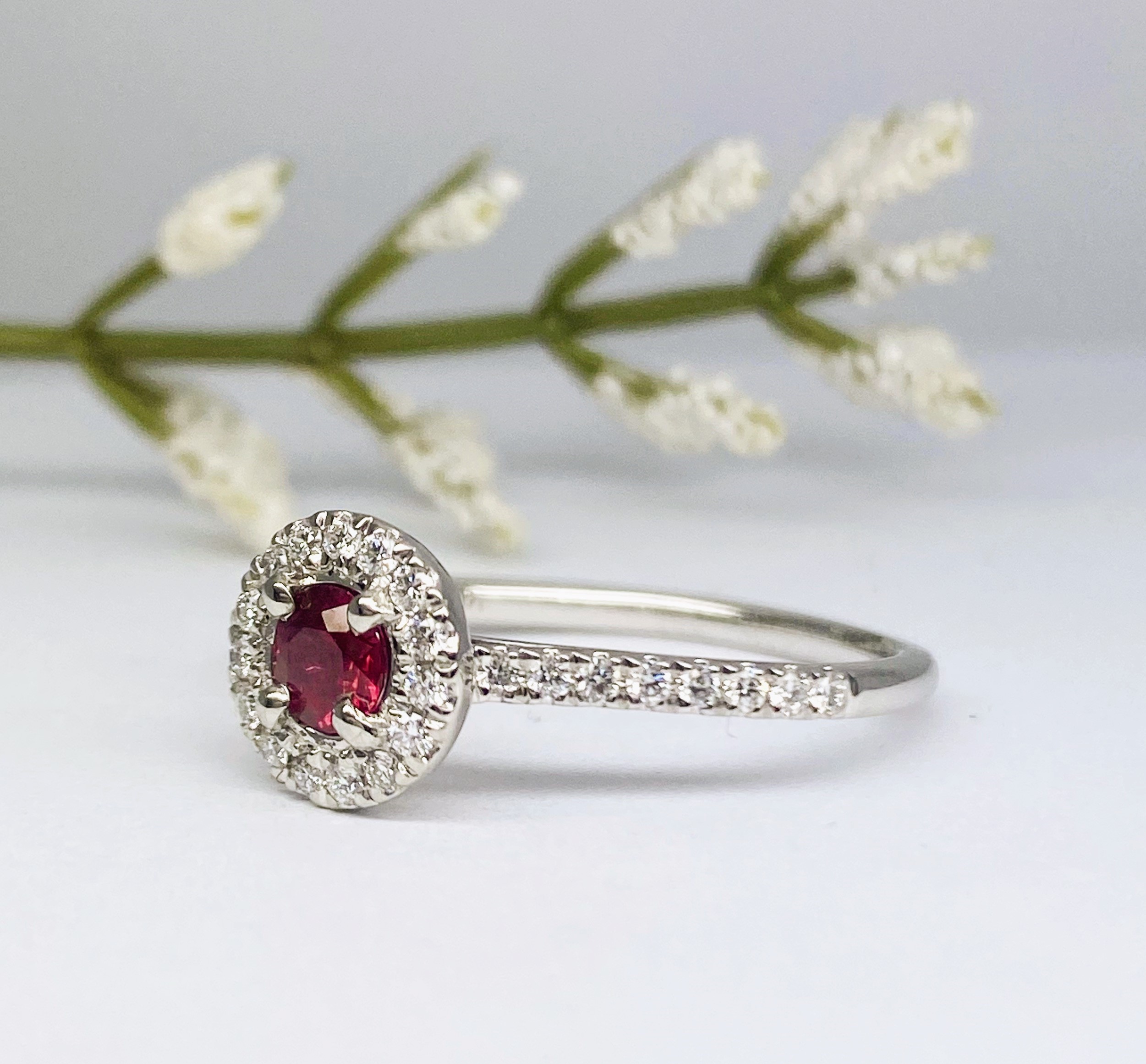 15600049 Platinum Ruby And Diamond Halo Cluster Ring Diamond Shoulders - Image 3