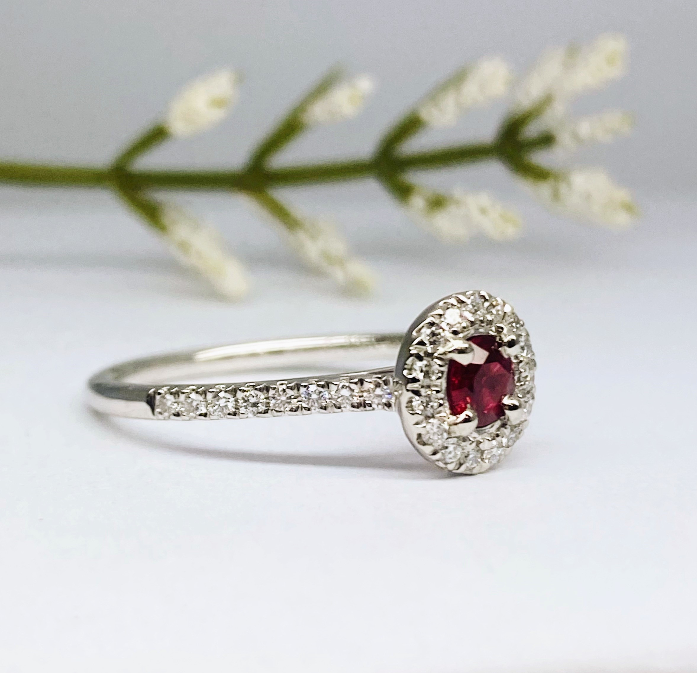 15600049 Platinum Ruby And Diamond Halo Cluster Ring Diamond Shoulders - Image 4