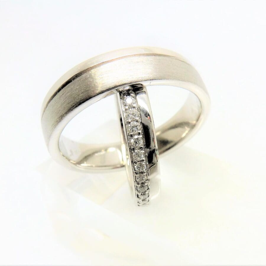 312 Commission Men's Brushed Single Groove, Women's Diamond Off-Set Wedding Bands