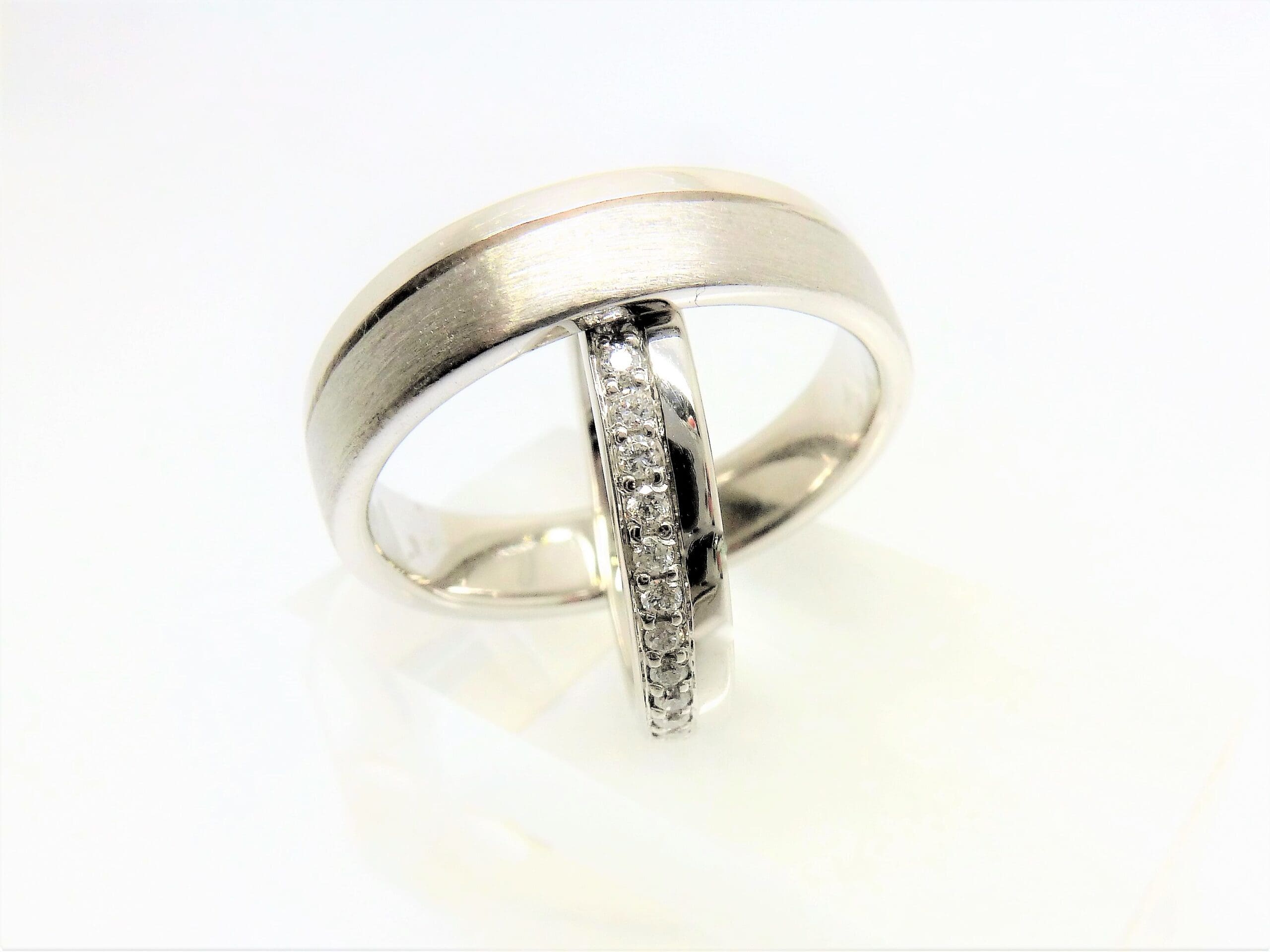 312 Commission Men's Brushed Single Groove, Women's Diamond Off-Set Wedding Bands