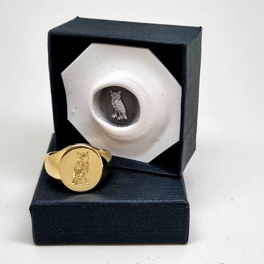 002 Commission Engraving Owl Gold Ring Seal Engraving