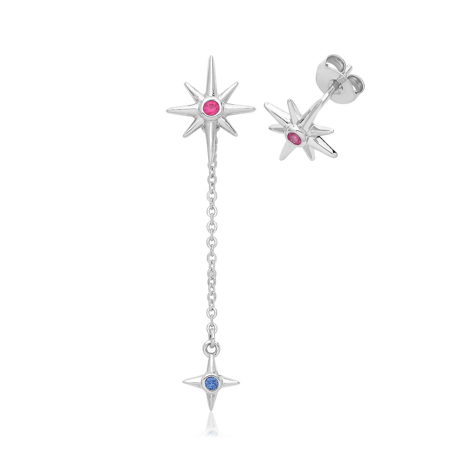 31100243 925 Sterling Silver Stud Earrings Stars With Detachable Chain