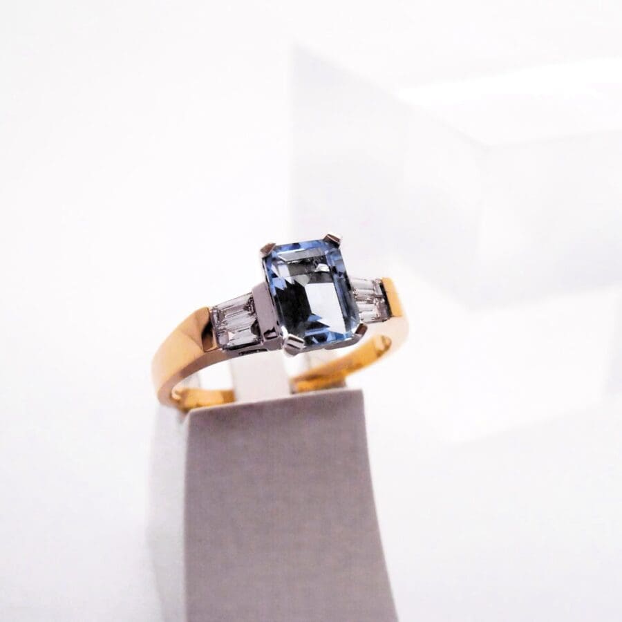 422 Custom Trilogy Style Blue Topaz and Diamonds Stone Set Into A Dress Ring Commission