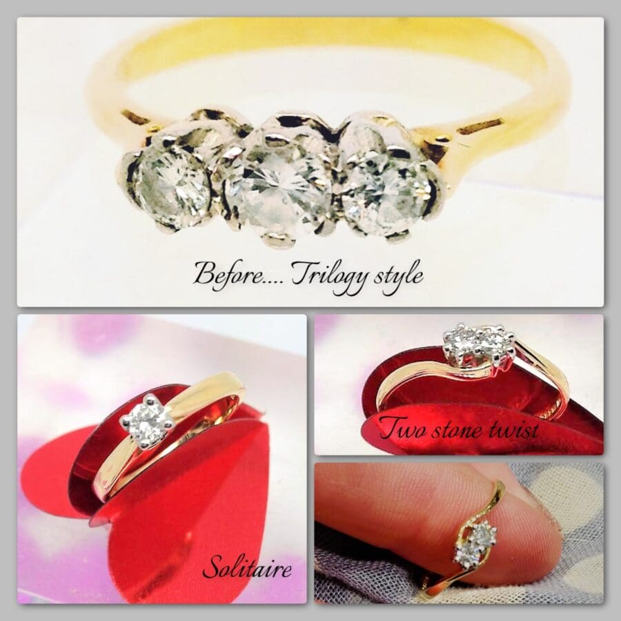 652 Diamond 3 Stone Ring Remodelled Into 2 Rings For Family