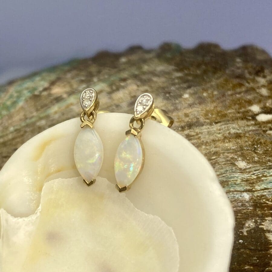 33200042 9ct Yellow Gold Marquise Opal And Diamond Drop Earrings