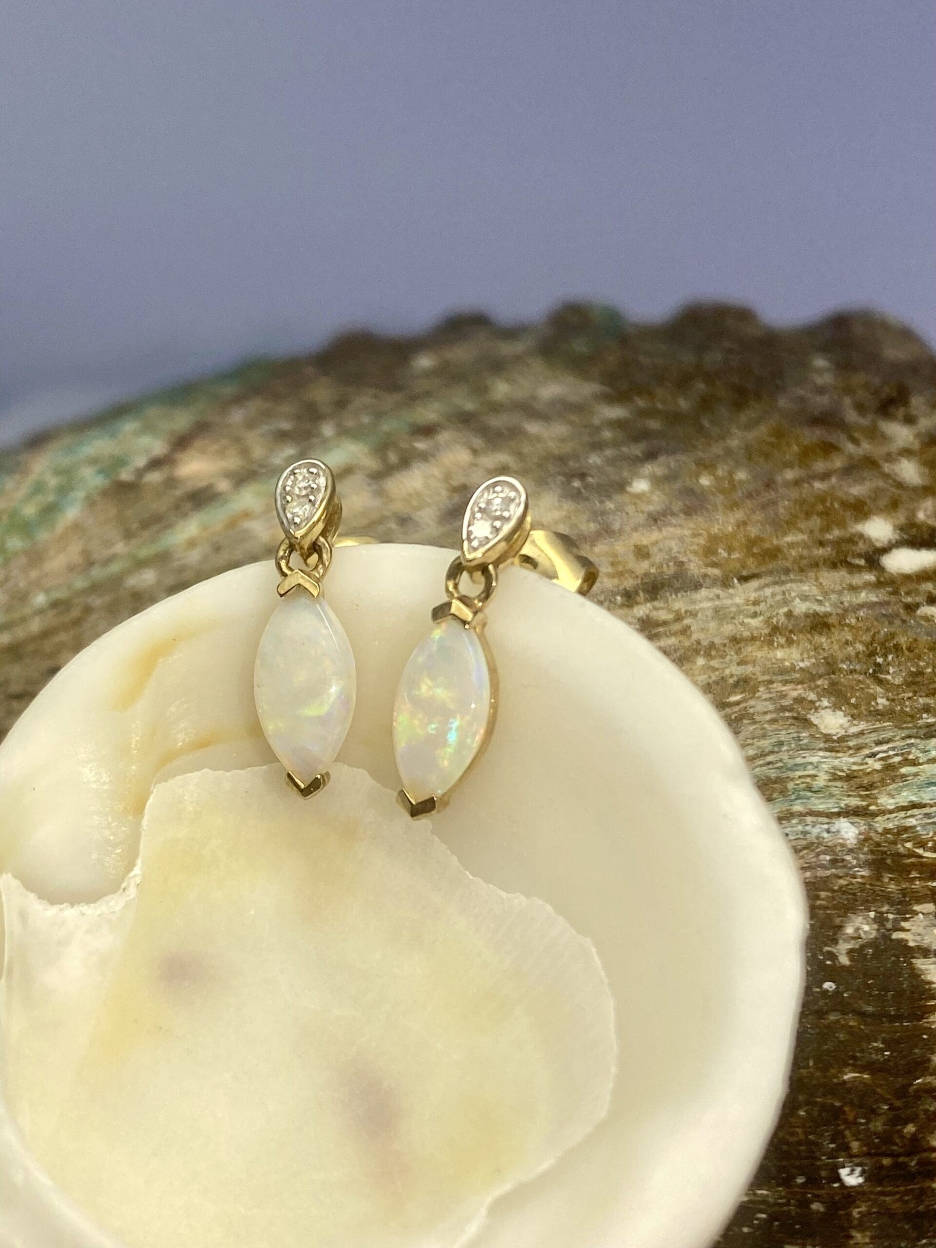 33200042 9ct Yellow Gold Marquise Opal And Diamond Drop Earrings