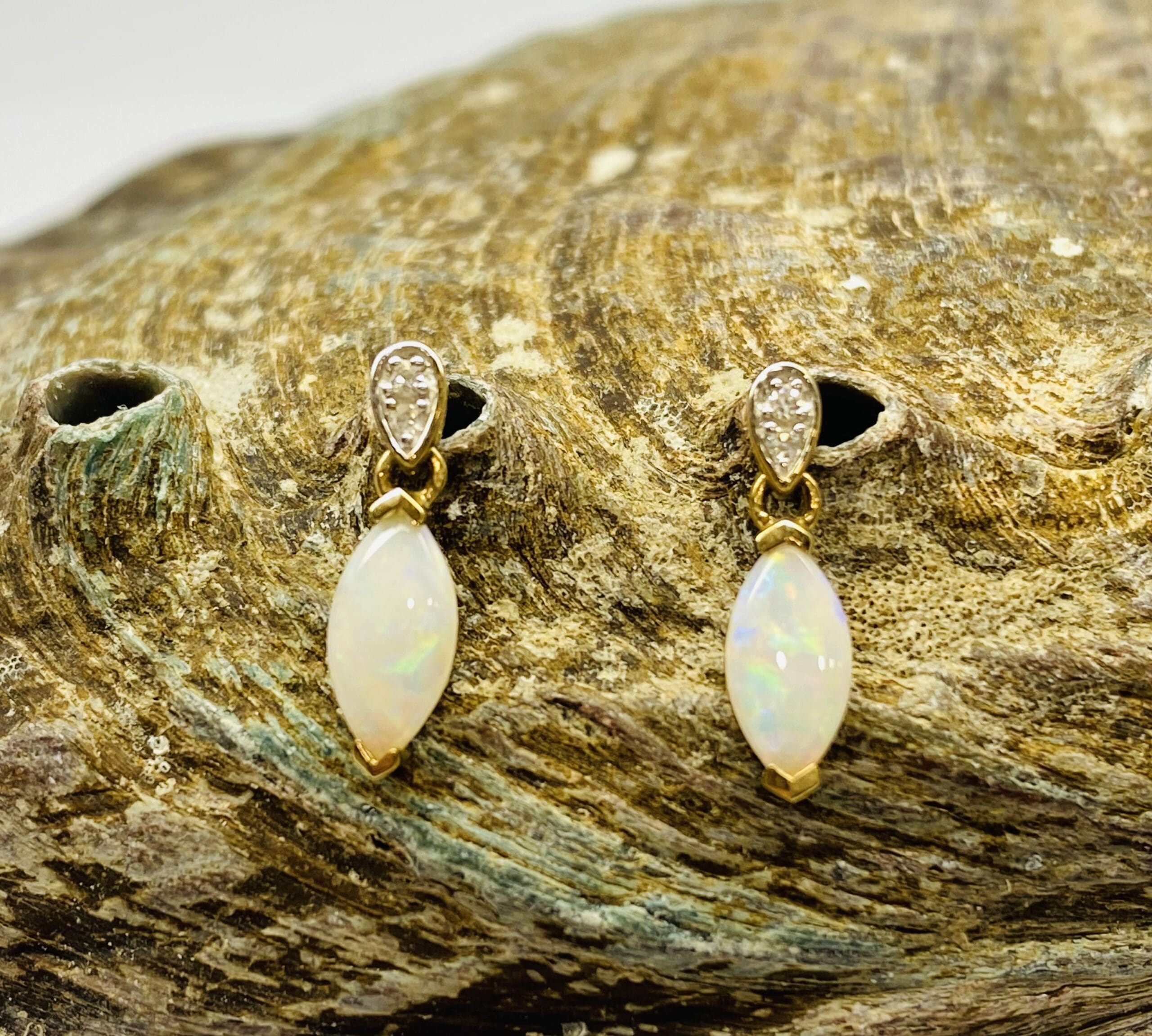 33200042 9ct Yellow Gold Marquise Opal And Diamond Drop Earrings - Image 6