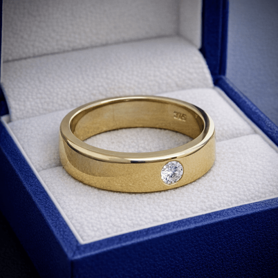 112 - Commission Yellow Gold Single Diamond Rub Over Wedding Ring