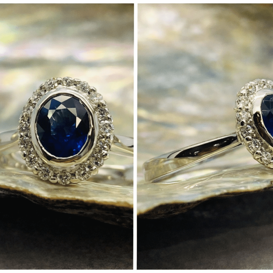 423 Commission Sapphire And Diamond Halo Dress Ring