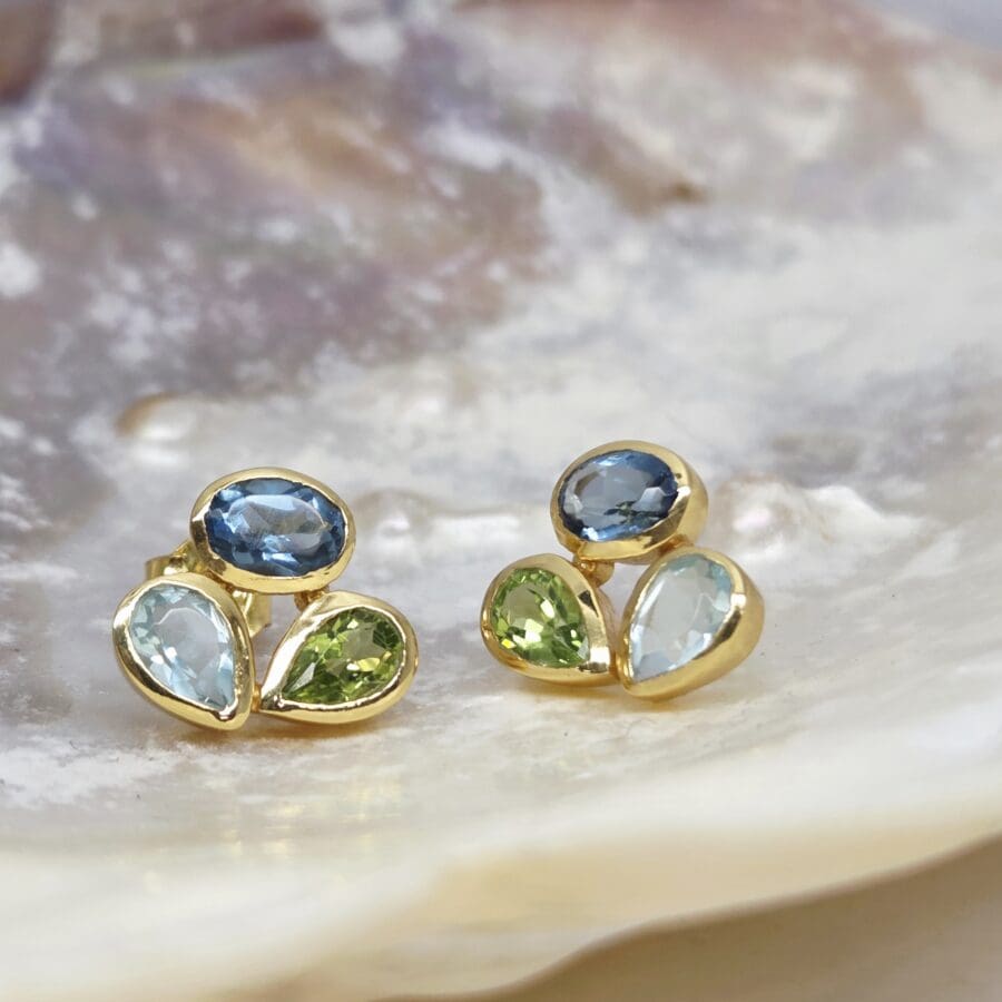 31100328 Silver 24ct Gold Plated Peridot, Topaz and Iolite Stud Earrings