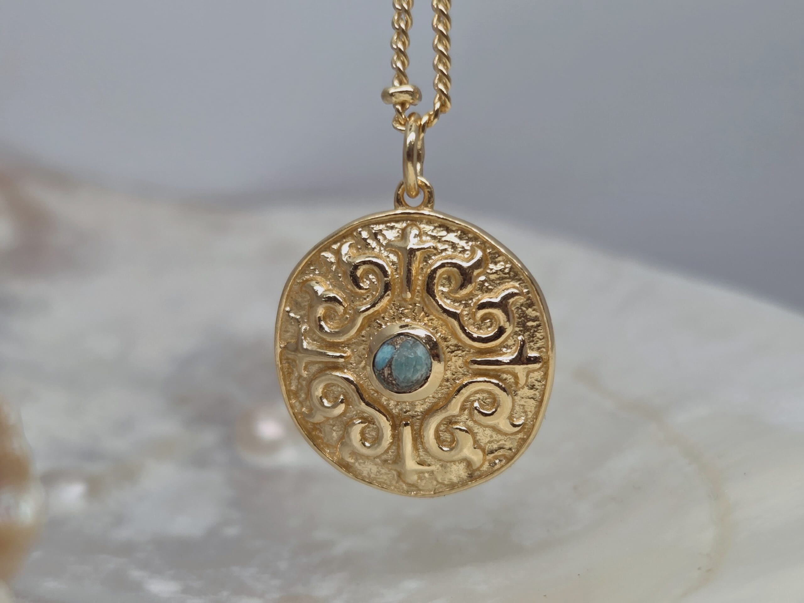 22100276 Silver 24ct Yellow Gold Plated Textured Amulet With Turquoise - Image 4