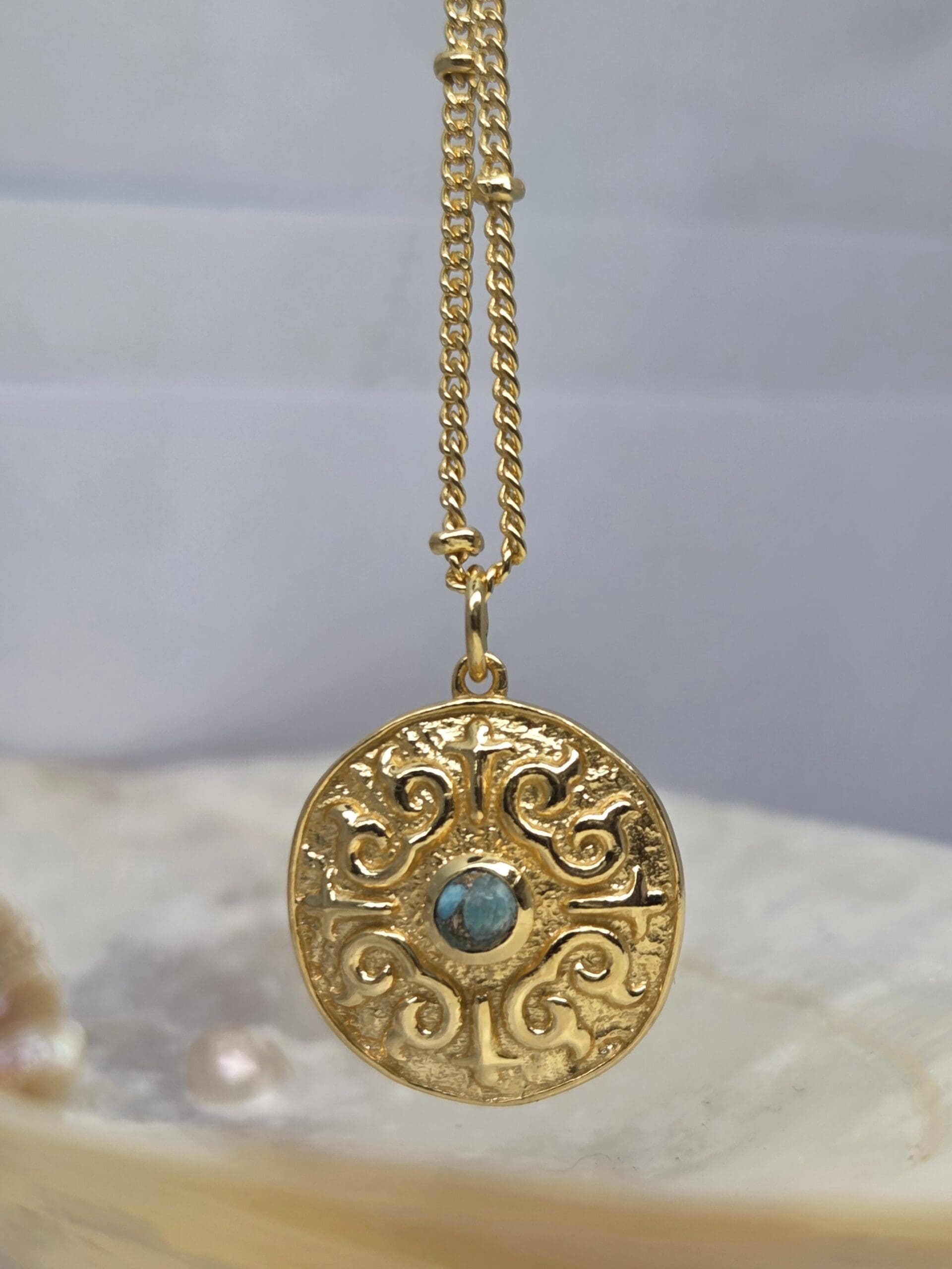 22100276 Silver 24ct Yellow Gold Plated Textured Amulet With Turquoise - Image 3