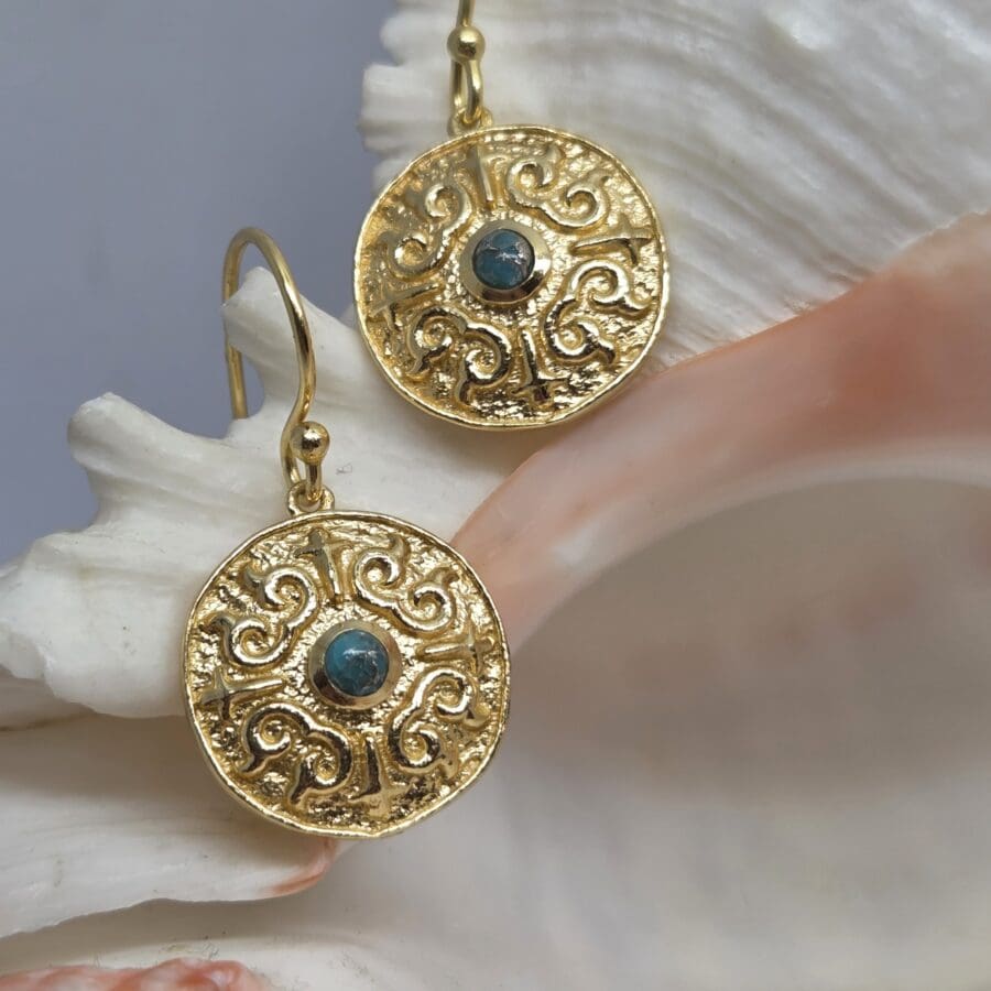 33100210 Silver 24ct Yellow Gold Plated Turquoise Textured Disc Hook Earrings