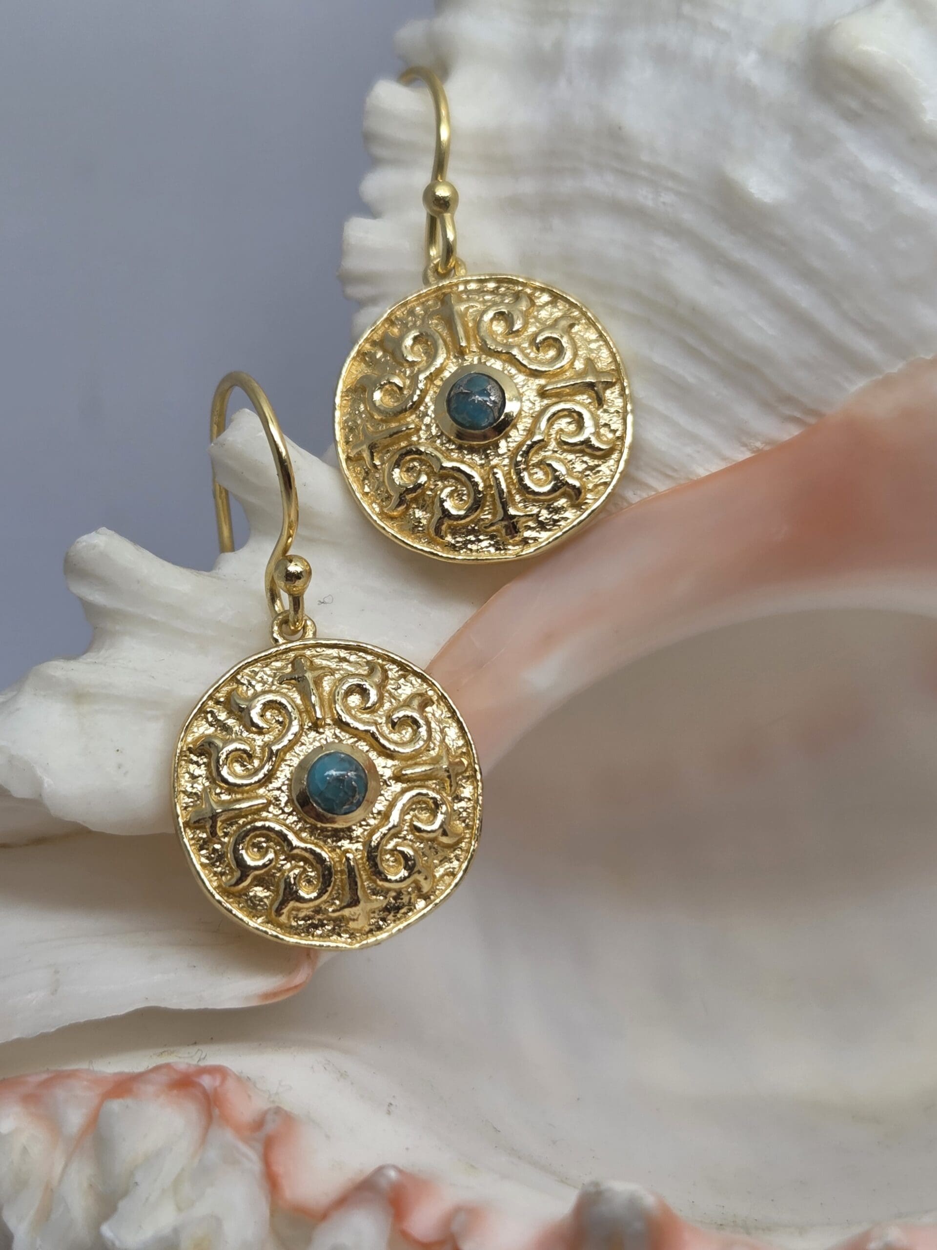 33100210 Silver 24ct Yellow Gold Plated Turquoise Textured Disc Hook Earrings
