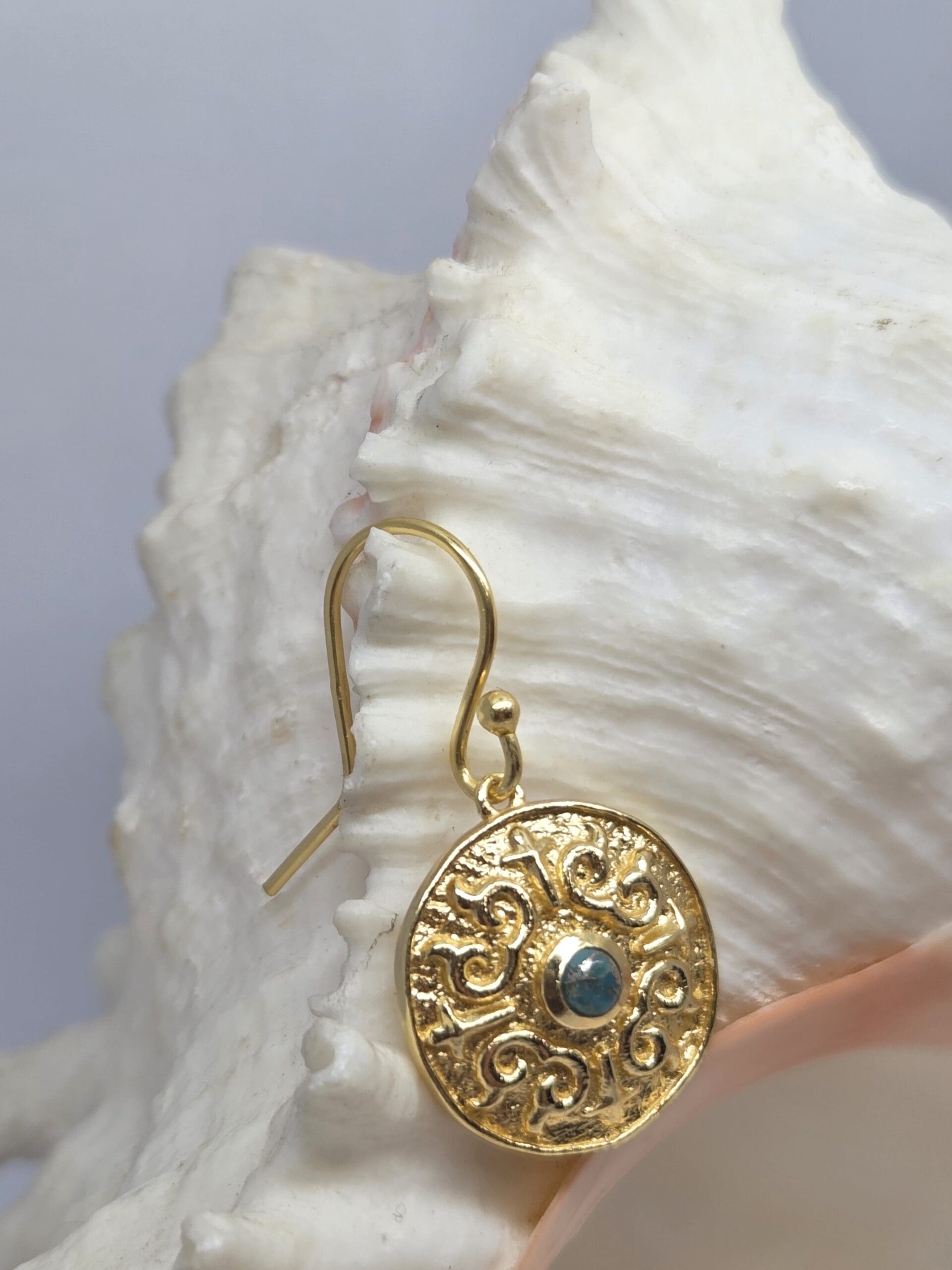 33100210 Silver 24ct Yellow Gold Plated Turquoise Textured Disc Hook Earrings - Image 2