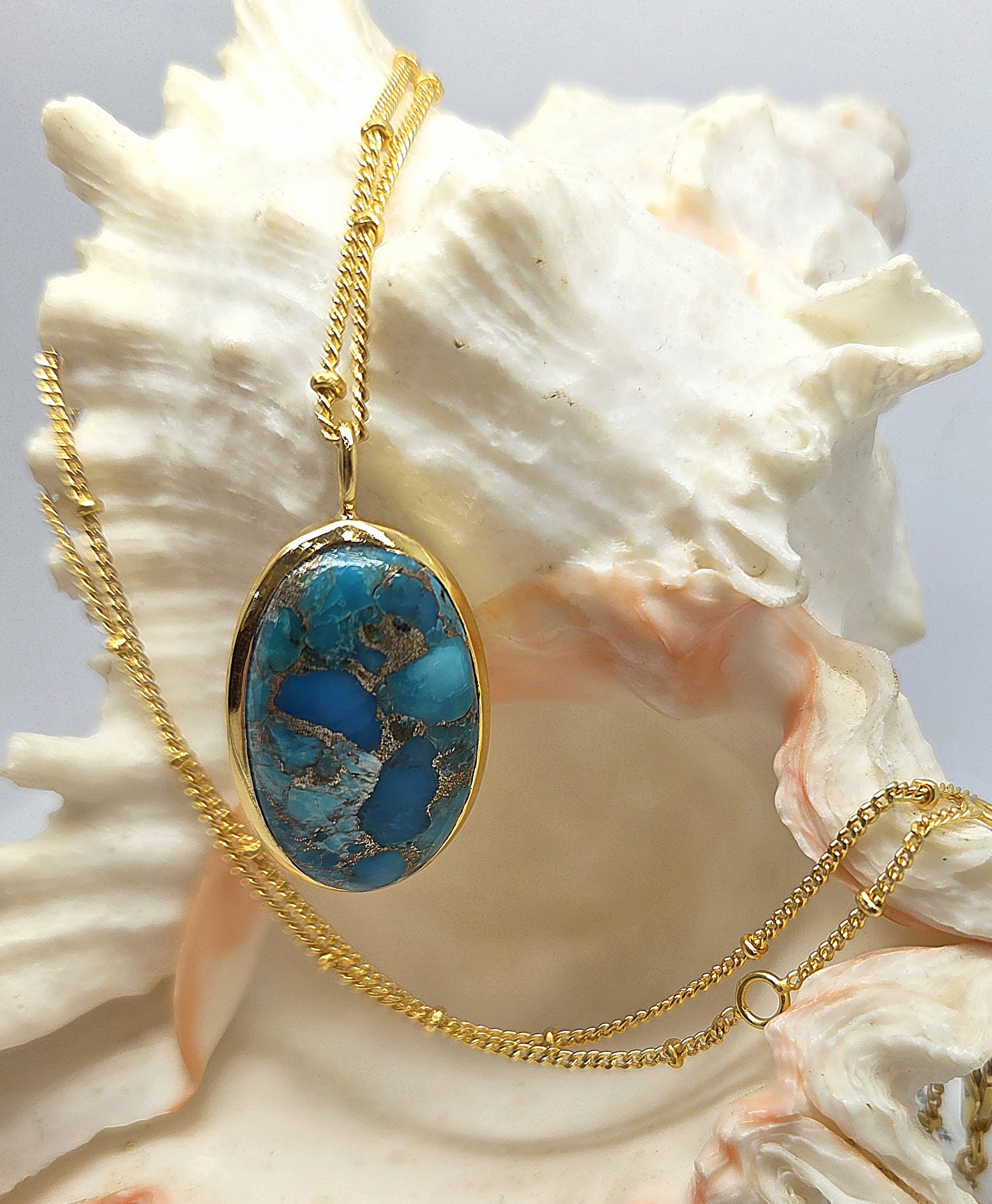 22100275 Silver 24ct Gold Plated Turquoise Pendant On Ball Chain