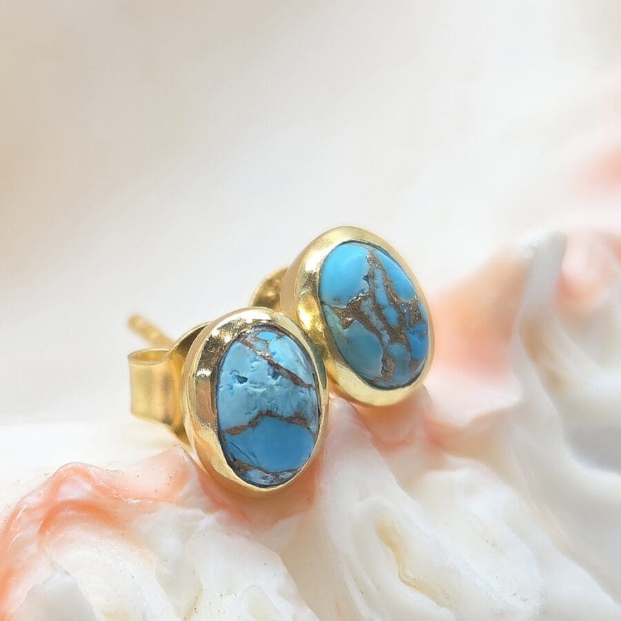 31100327 Silver 24ct Gold Plated Rub Over Oval Turquoise Stud Earrings